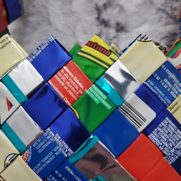 Recycled Wrapper Mini Purse Handbag 5" x 4", bright, multicolor, unique - Picture 3 of 8